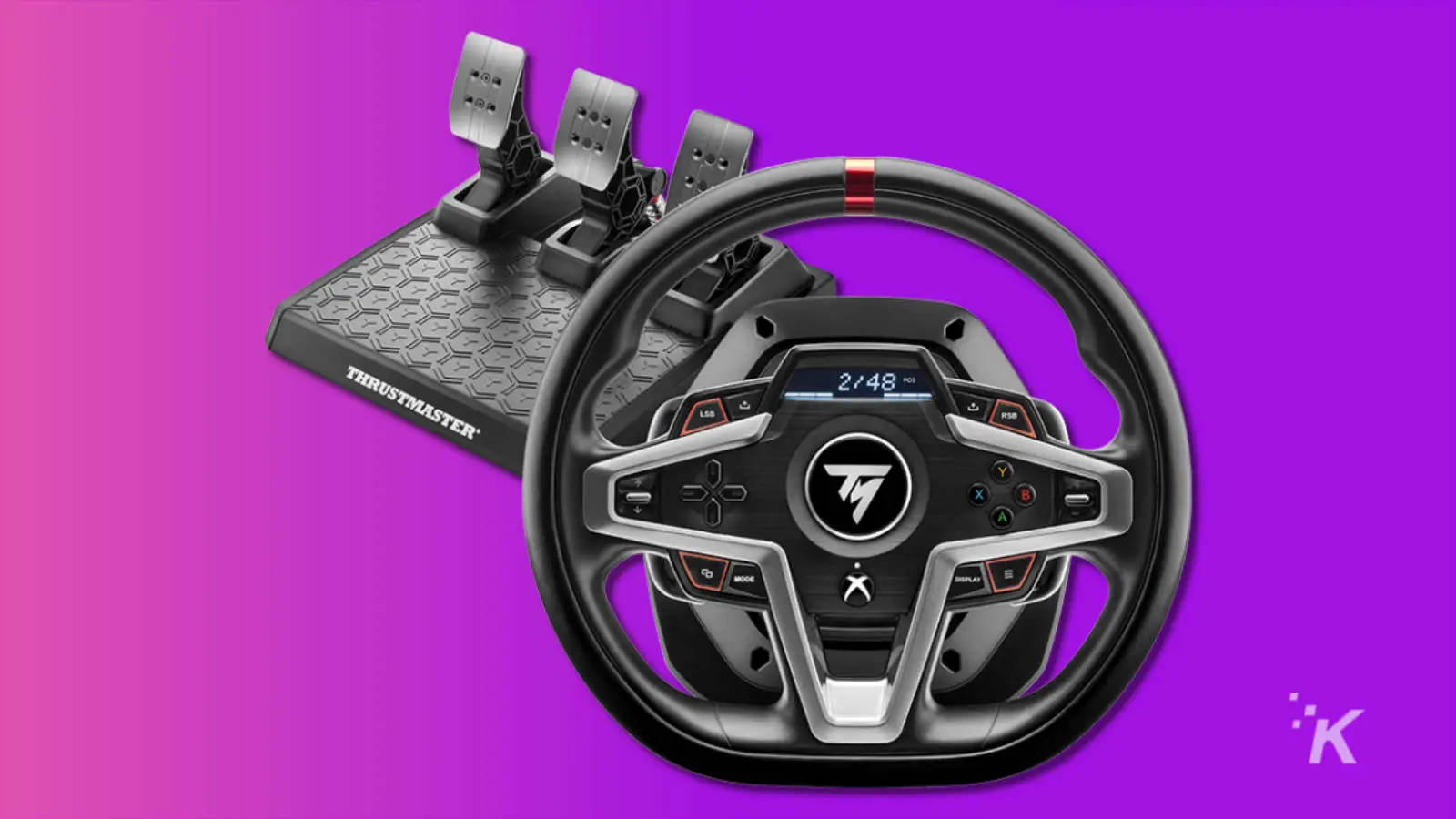 thrustmaster t248 sim racing wheel and pedals on purple background