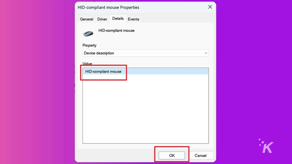 Windows mouse property details