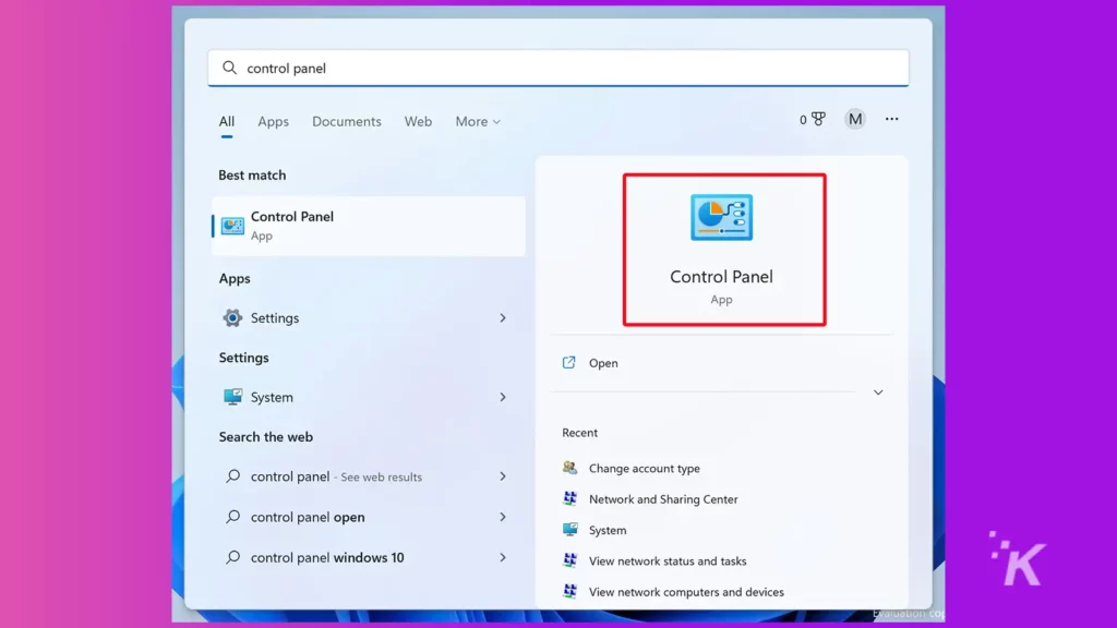 windows search control panel