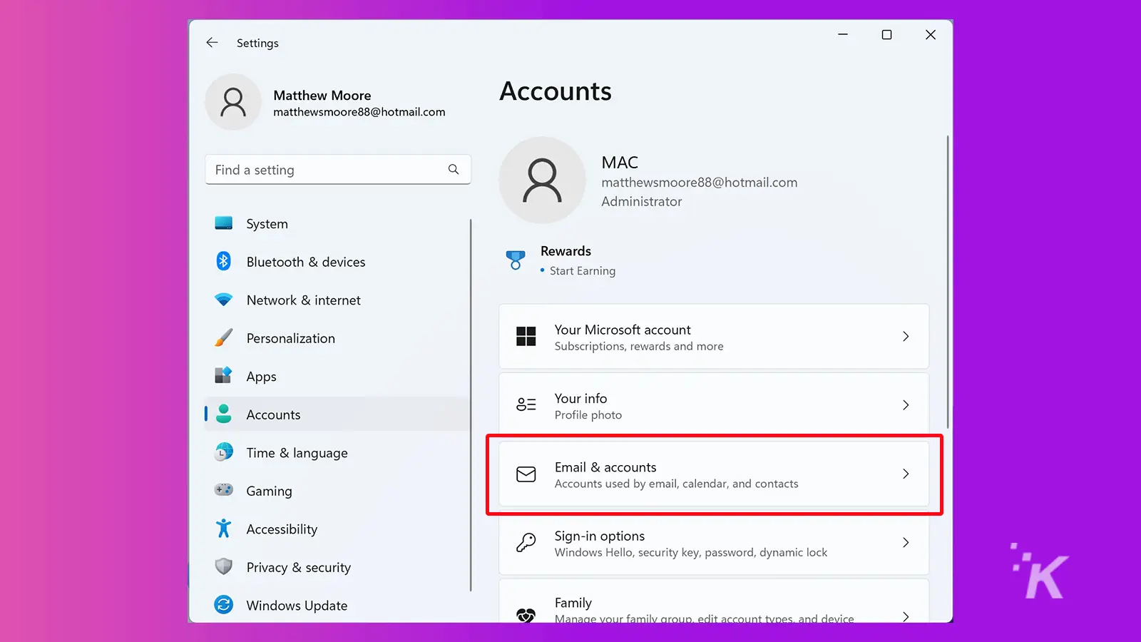 Windows settings menu showing accounts