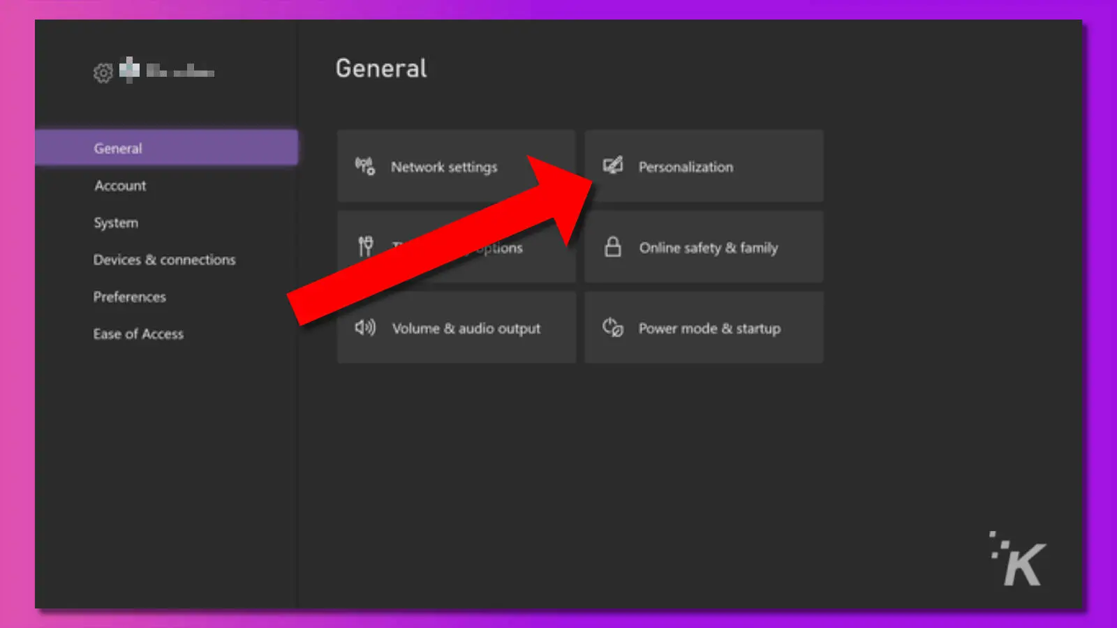 screenshot of xbox settings dashboard with personalization link highlighted