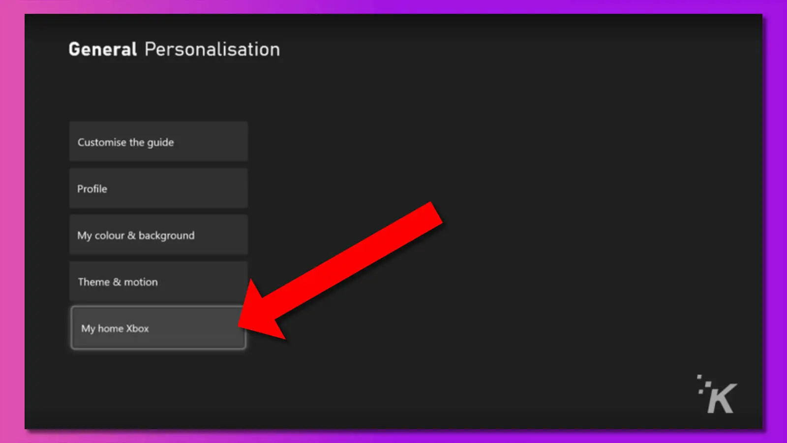screenshot of xbox personalization menu with an arrow pointing towards home xbox menu option