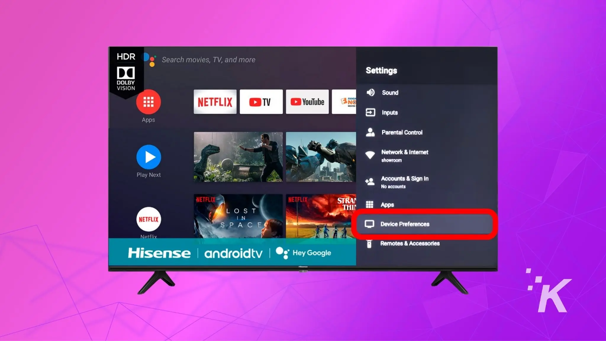 hisense android tv device and prefererences settings