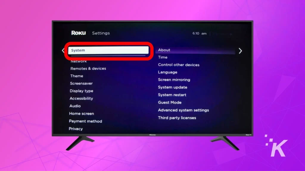 hisense roku tv system menu uption