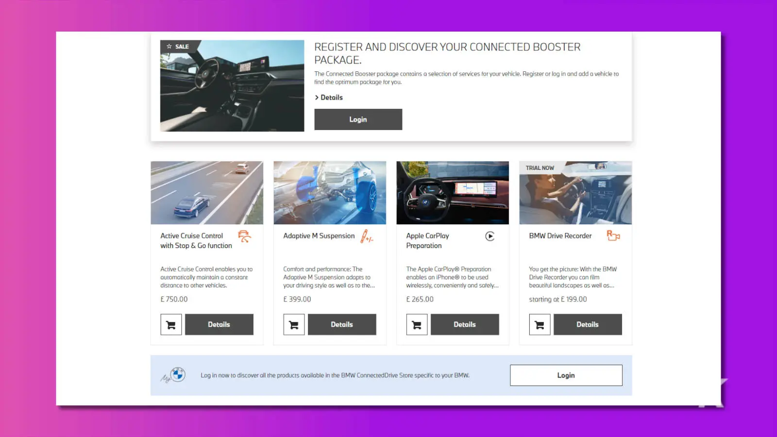 Screenshot of bmw digital storefront in the uk