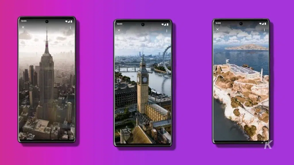 three smartphones showing a new google maps arial view on purple background