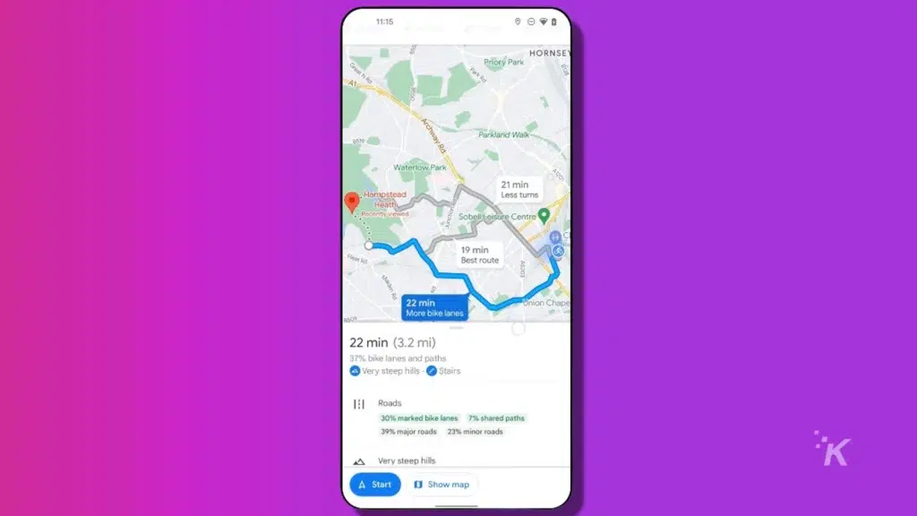 screenshot of phone displaying new google maps cycling feature