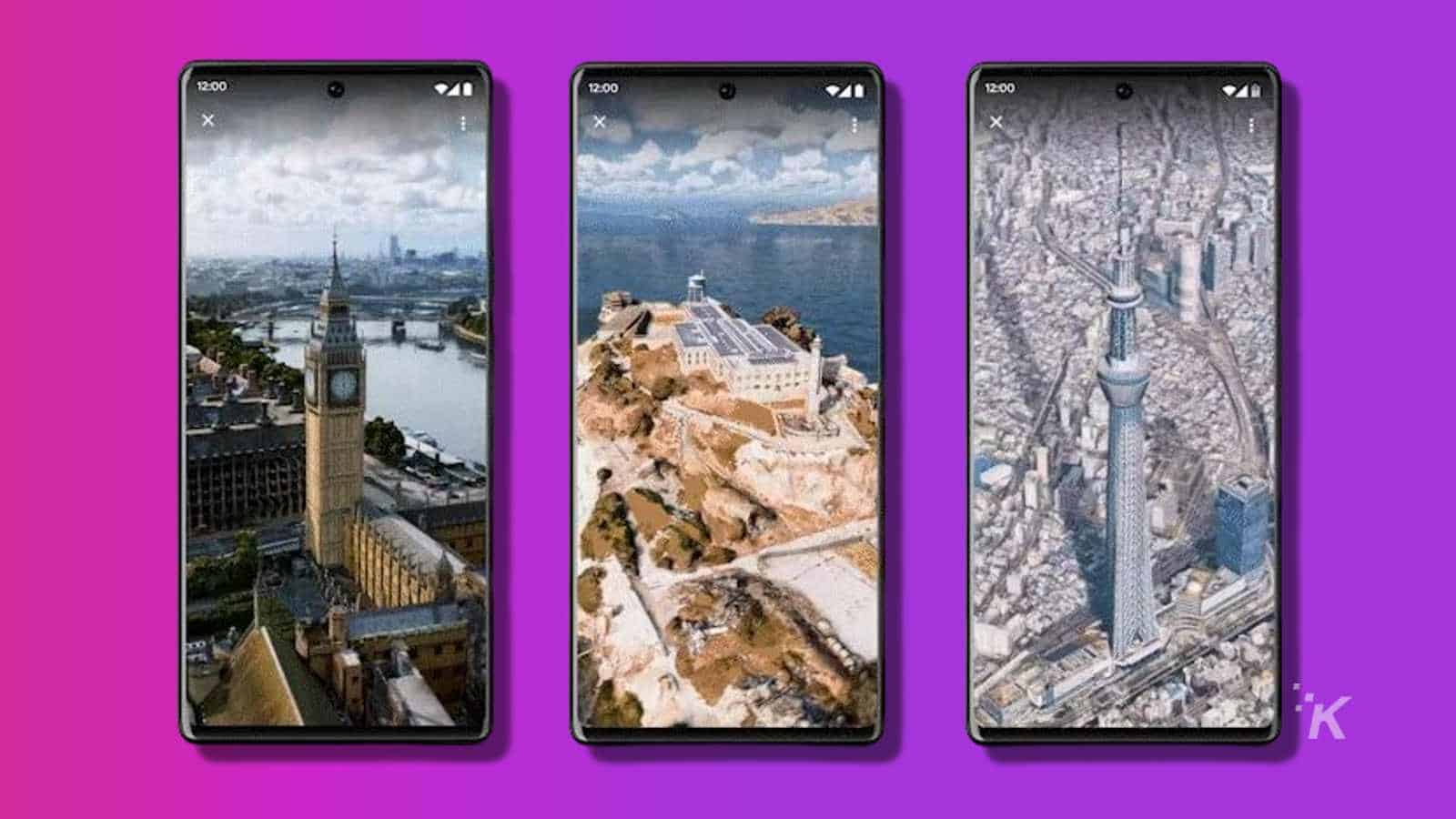 new google maps update on three smartphones on purple background