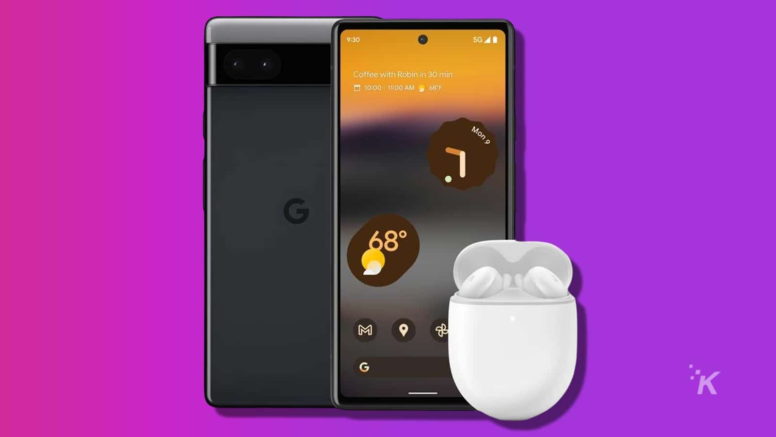 Google pixel 6a with pixel buds on purpel background