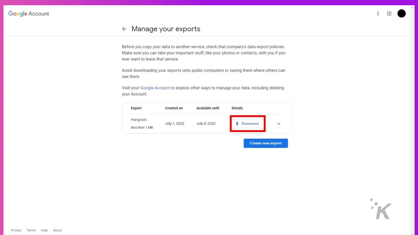 Google settings export menu