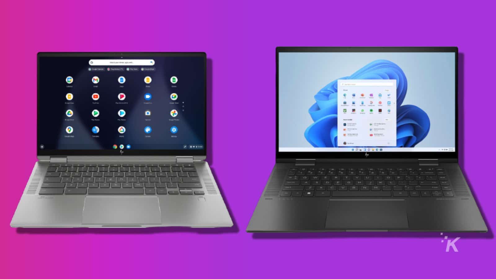 Two hp laptops on a purple background