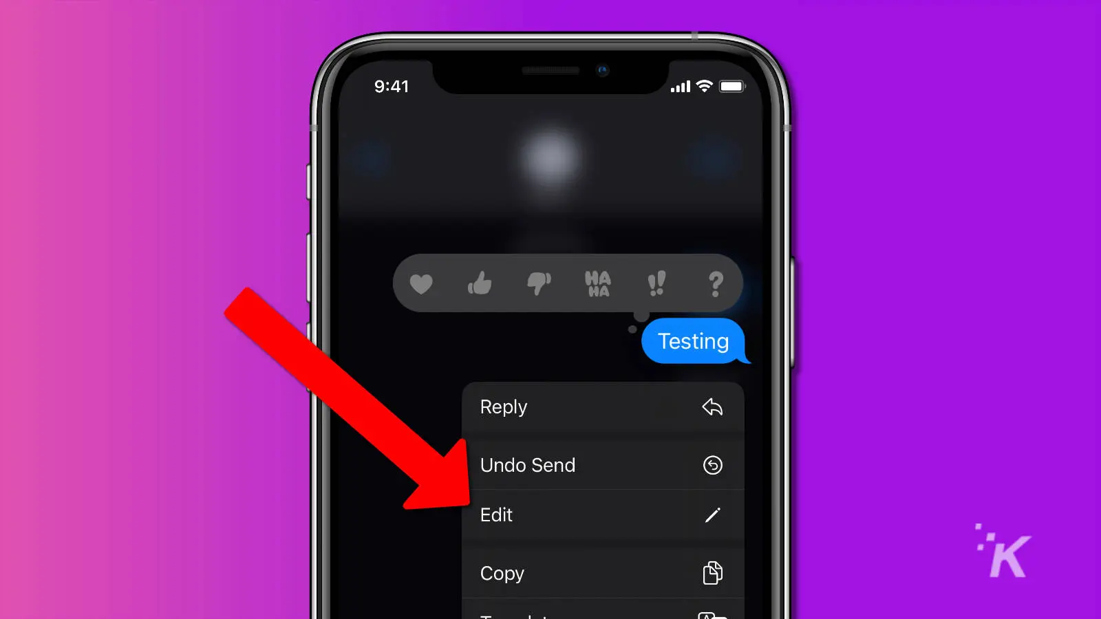 Screenshot of imessage options menu showing the edit button