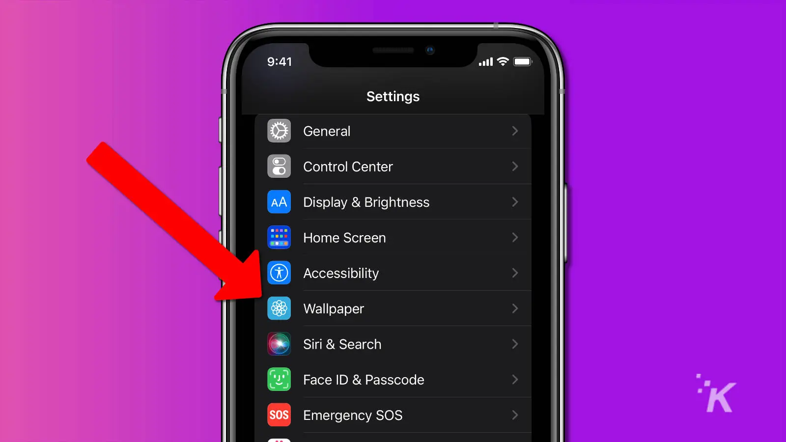 screenshot of ios settings app with the wallpaper option highlighted