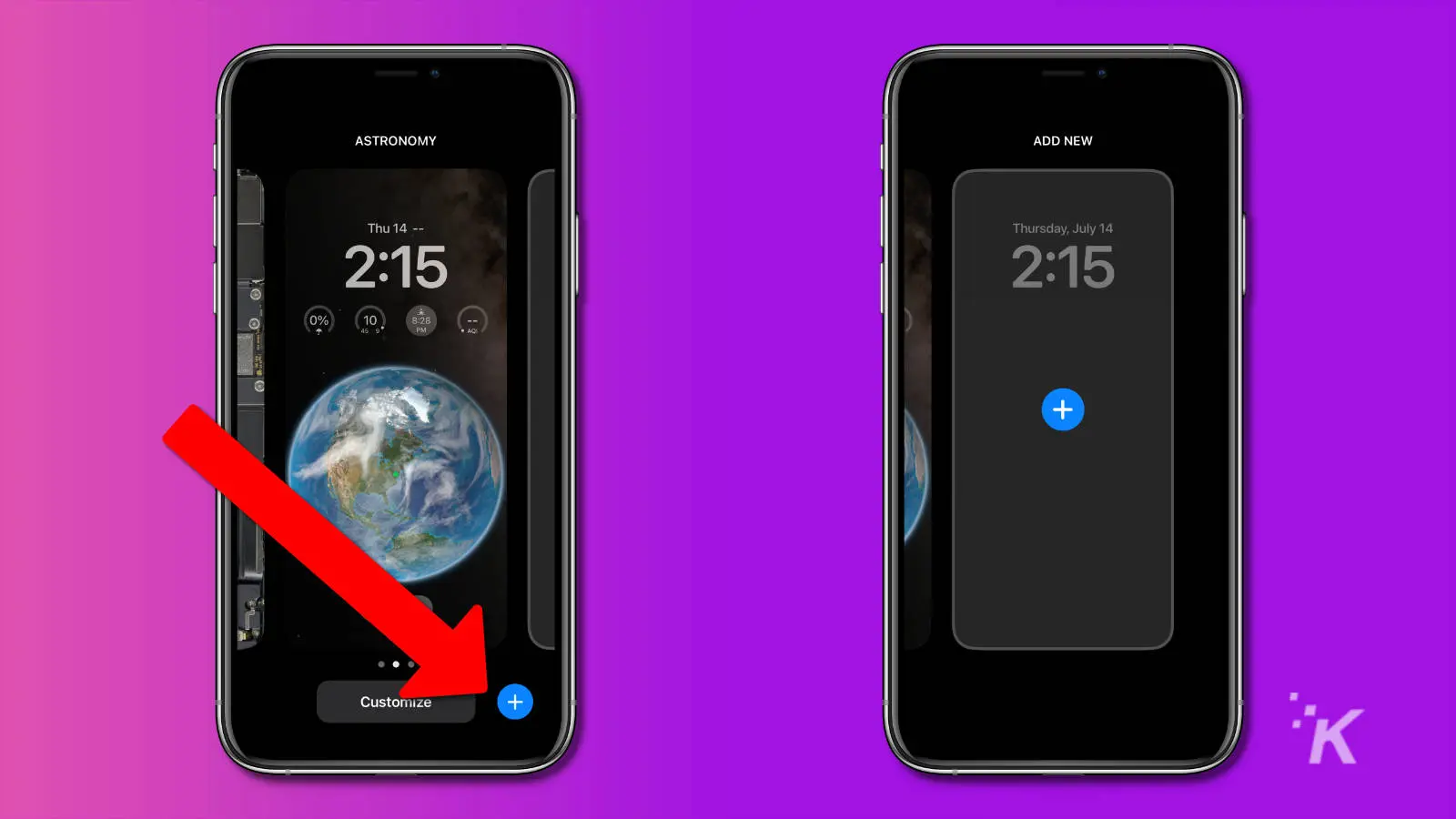 screenshots showing where to tap to create a new lock screen wallpaper