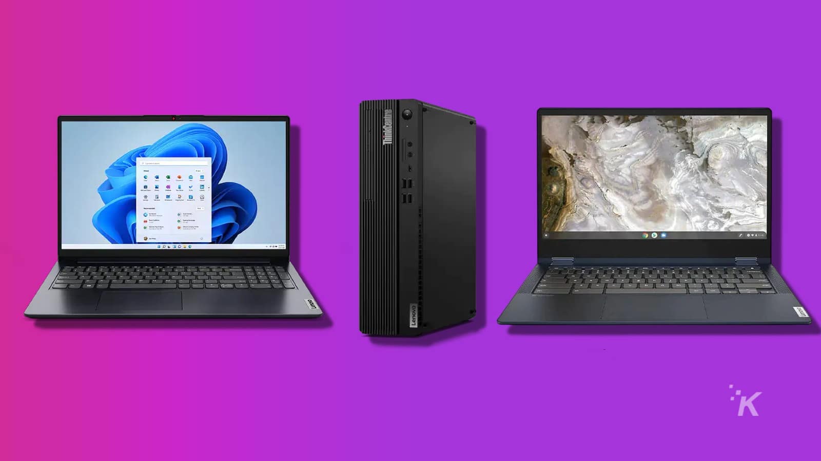 lenovo laptops and desktop pc on a purple background