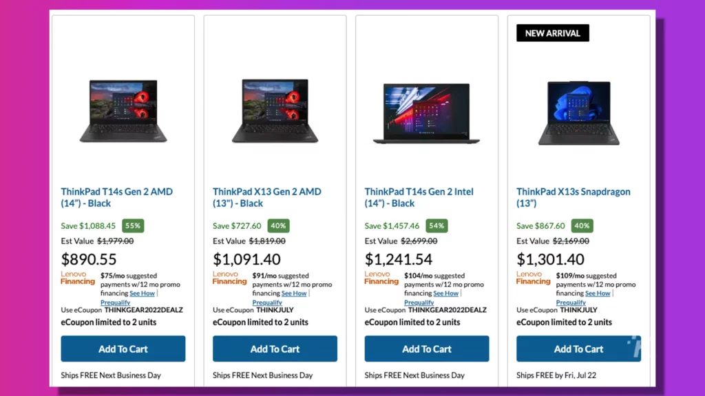 lenovo thinkpad x series laptops order page on a purple background