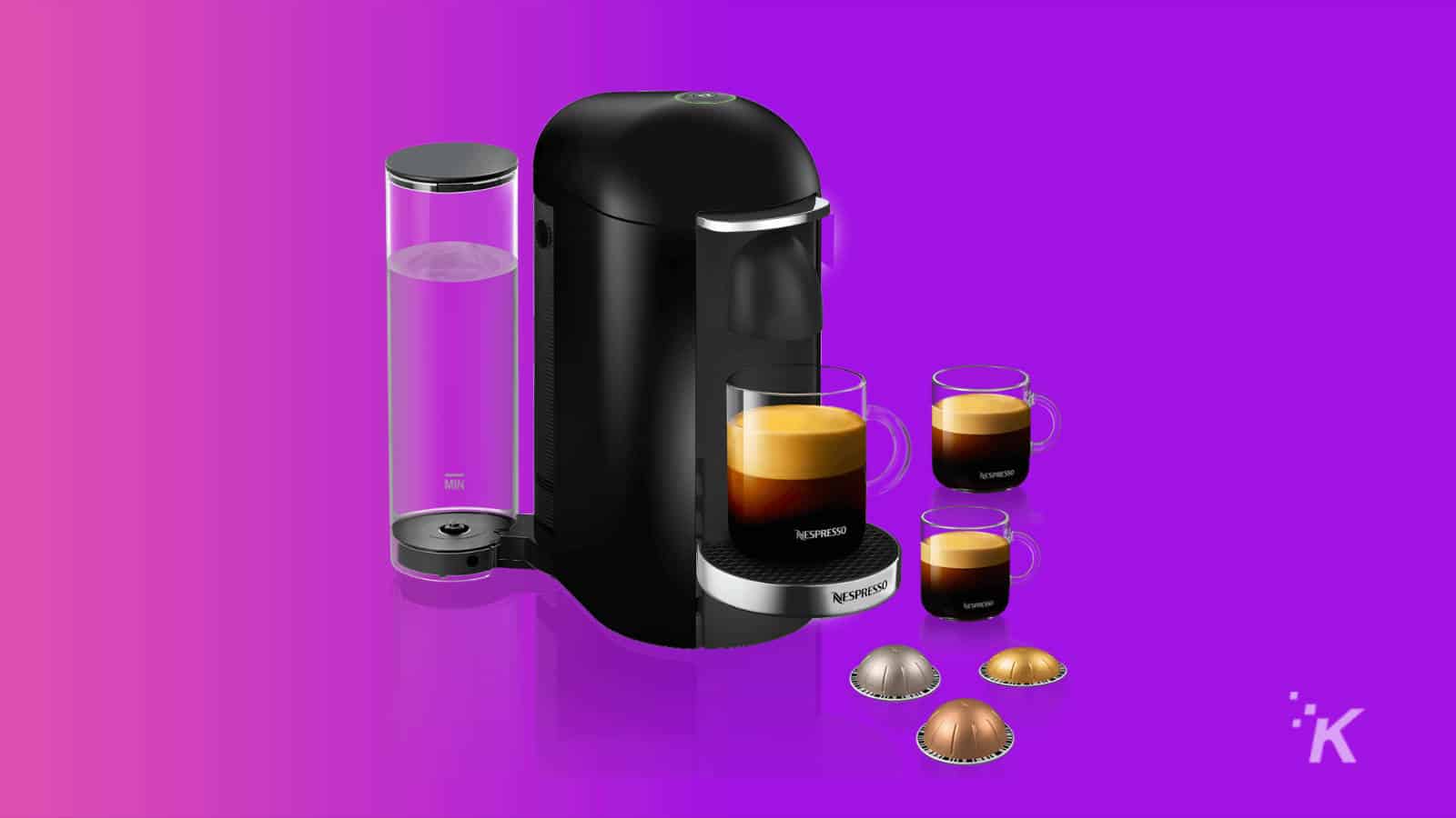 Nespresso instant espresso machine and multiple mugs of coffee on purple background