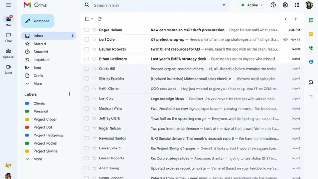 new gmail layout with chat spaces meet