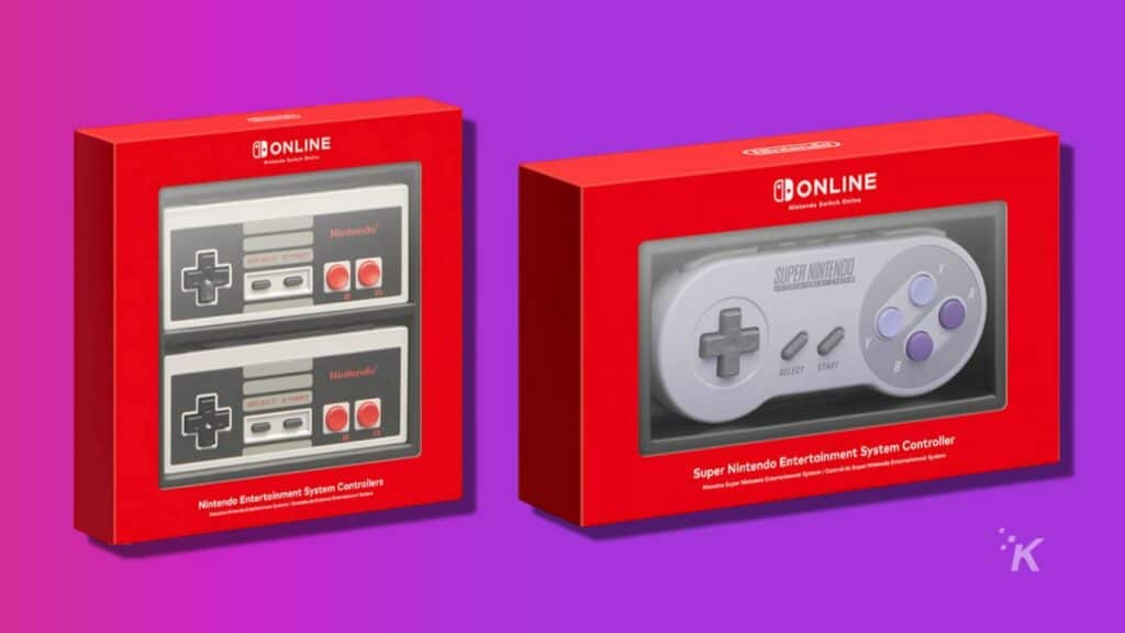 image of two nintendo switch retro controllers on purple background