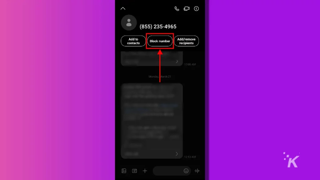 samsung galaxy block button text messages