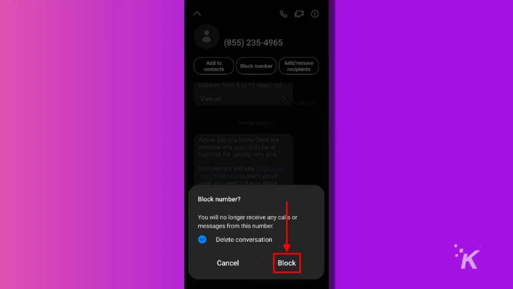 samsung galaxy confirm block text message