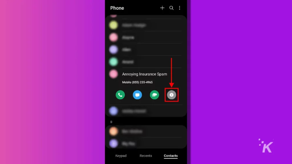 samsung galaxy contact info button