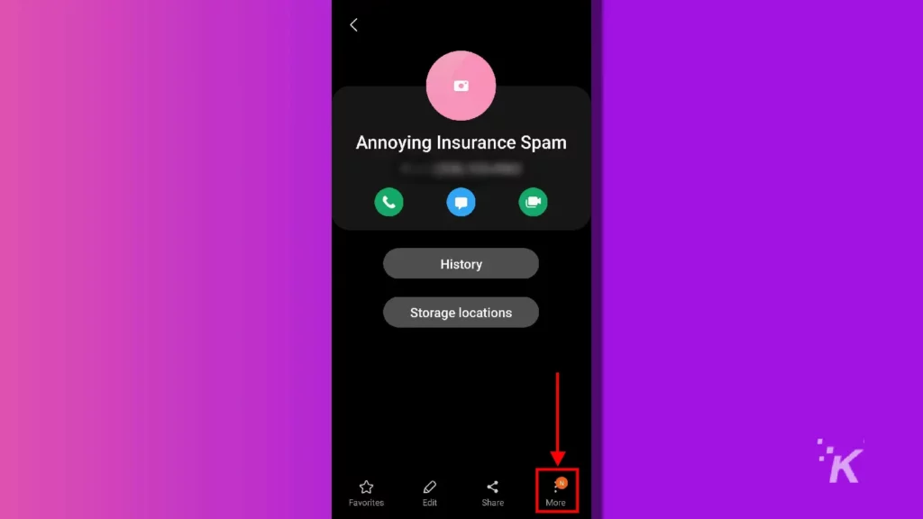 samsung galaxy contact more button