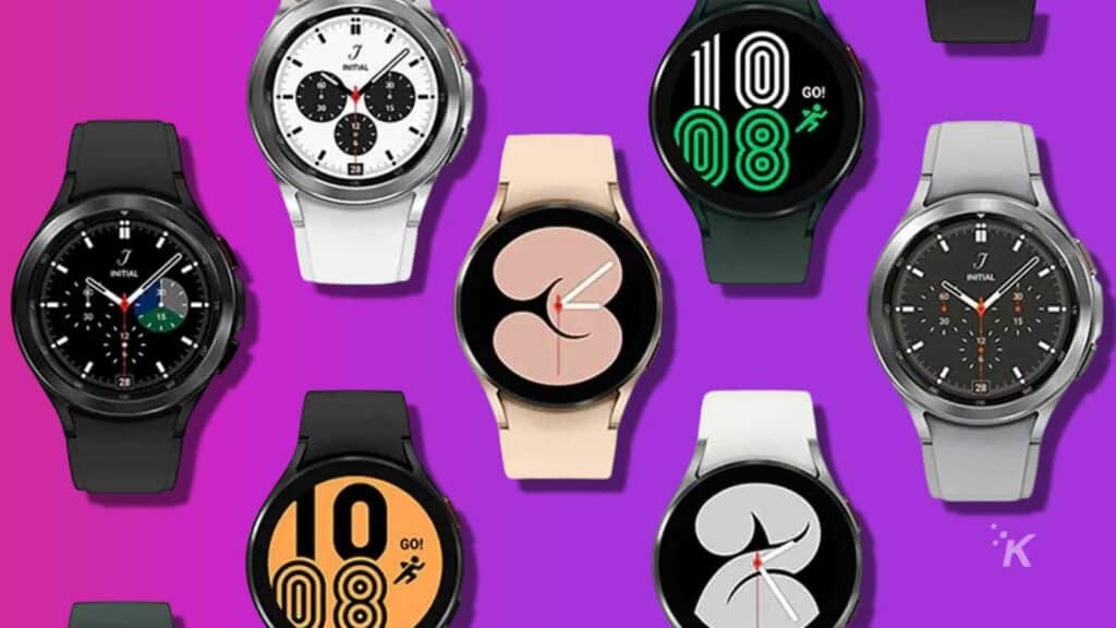 a collection of samsung galaxy watch 4 smartwatches on a purple background