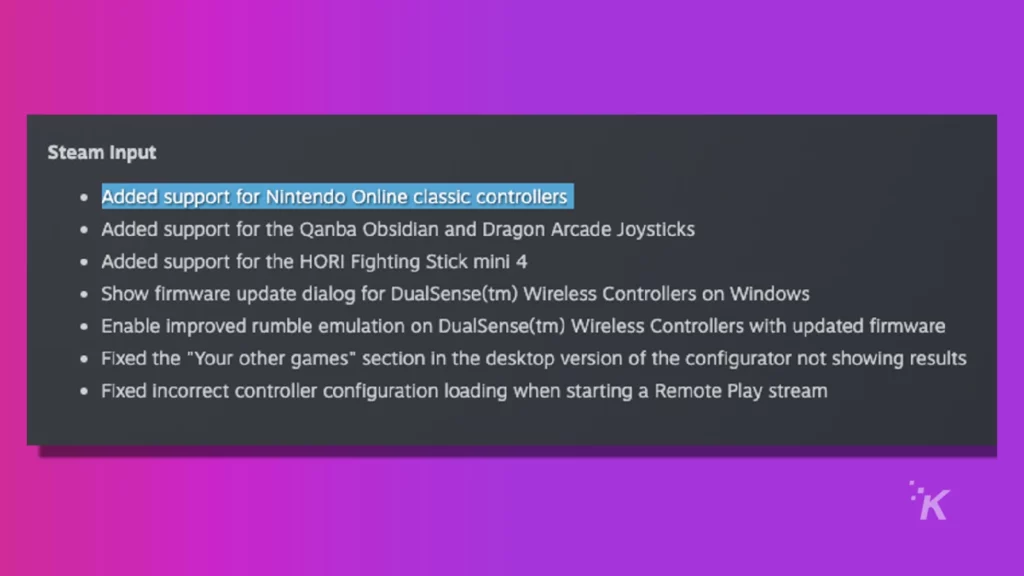 steam update notes on a purple background showing nintendo switch retro controller compatiblity 