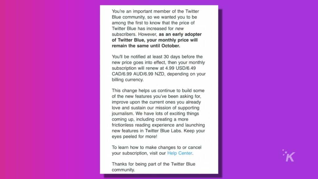 twitter blue price increase email on a purple background