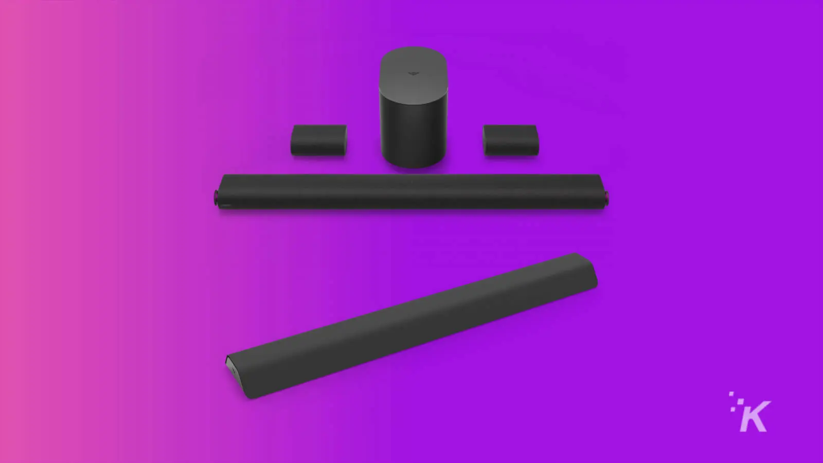 vizio m-series elevate and all-in-one soundbars on purple background