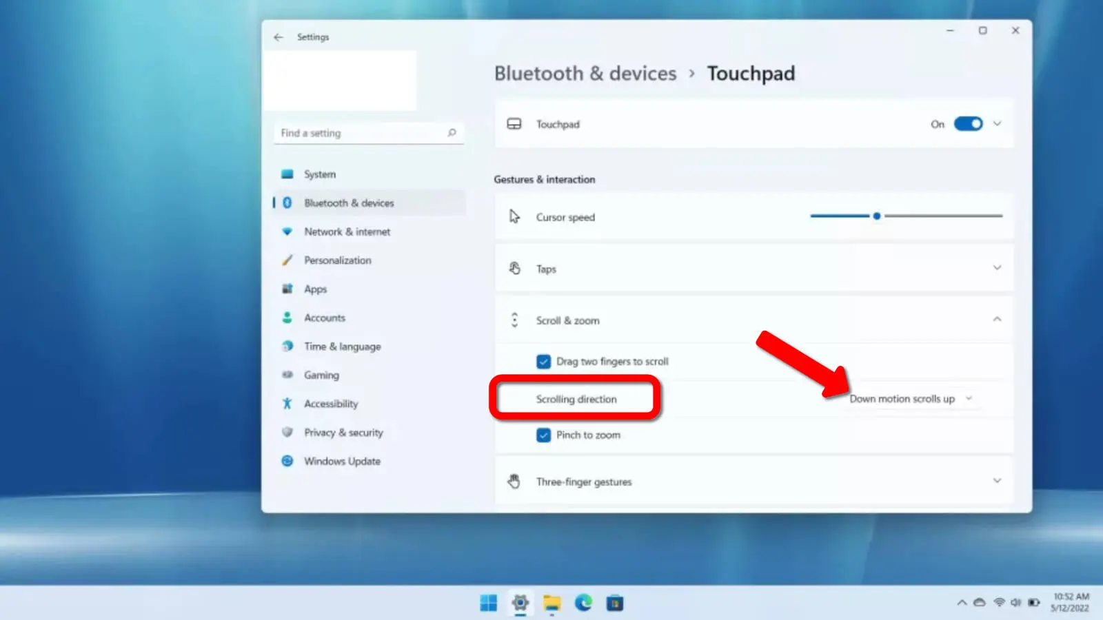 screenshot of windows 11 settings showing the touchpad scroll direction options