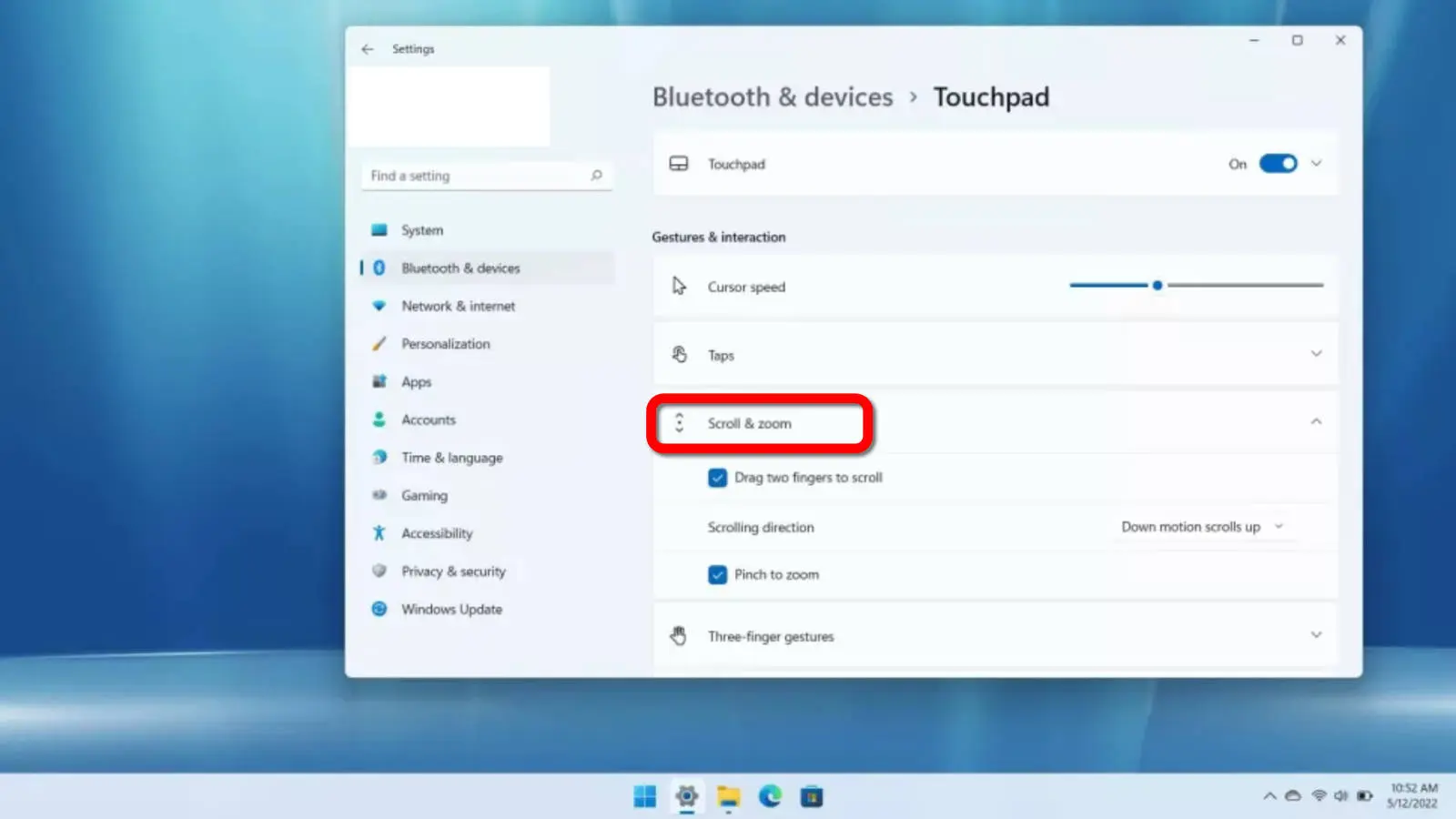 screenshot of windows 11 settings showing the touchpad scroll direction