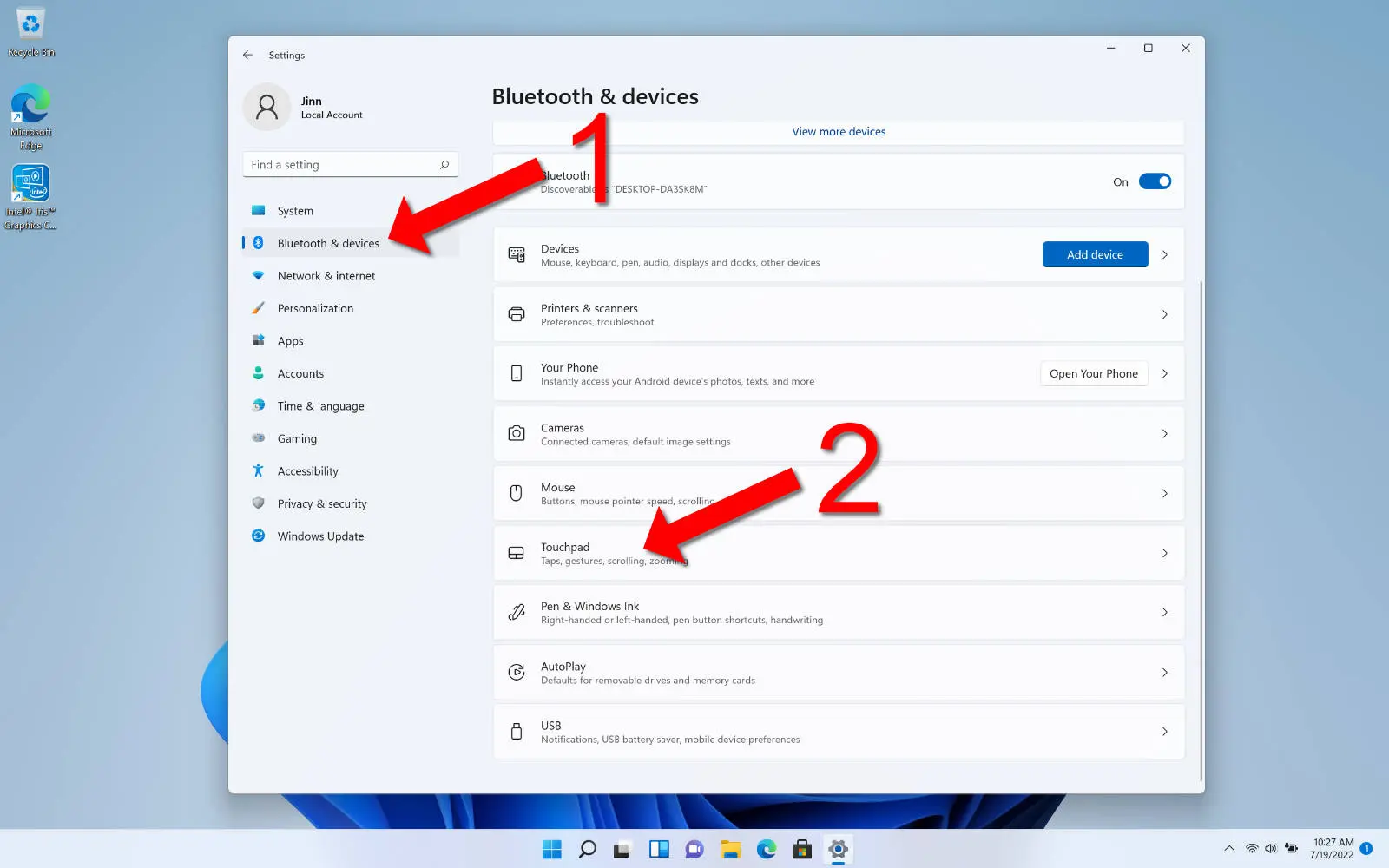 screenshot of windows 11 settings showing the touchpad options