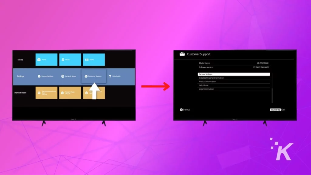 sony smart tv customer suppport screen