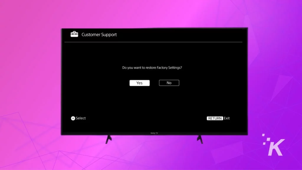 sony smart tv reset confirmation message screen