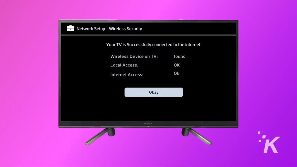 Sony tv confirmation screen of connecting to wifi