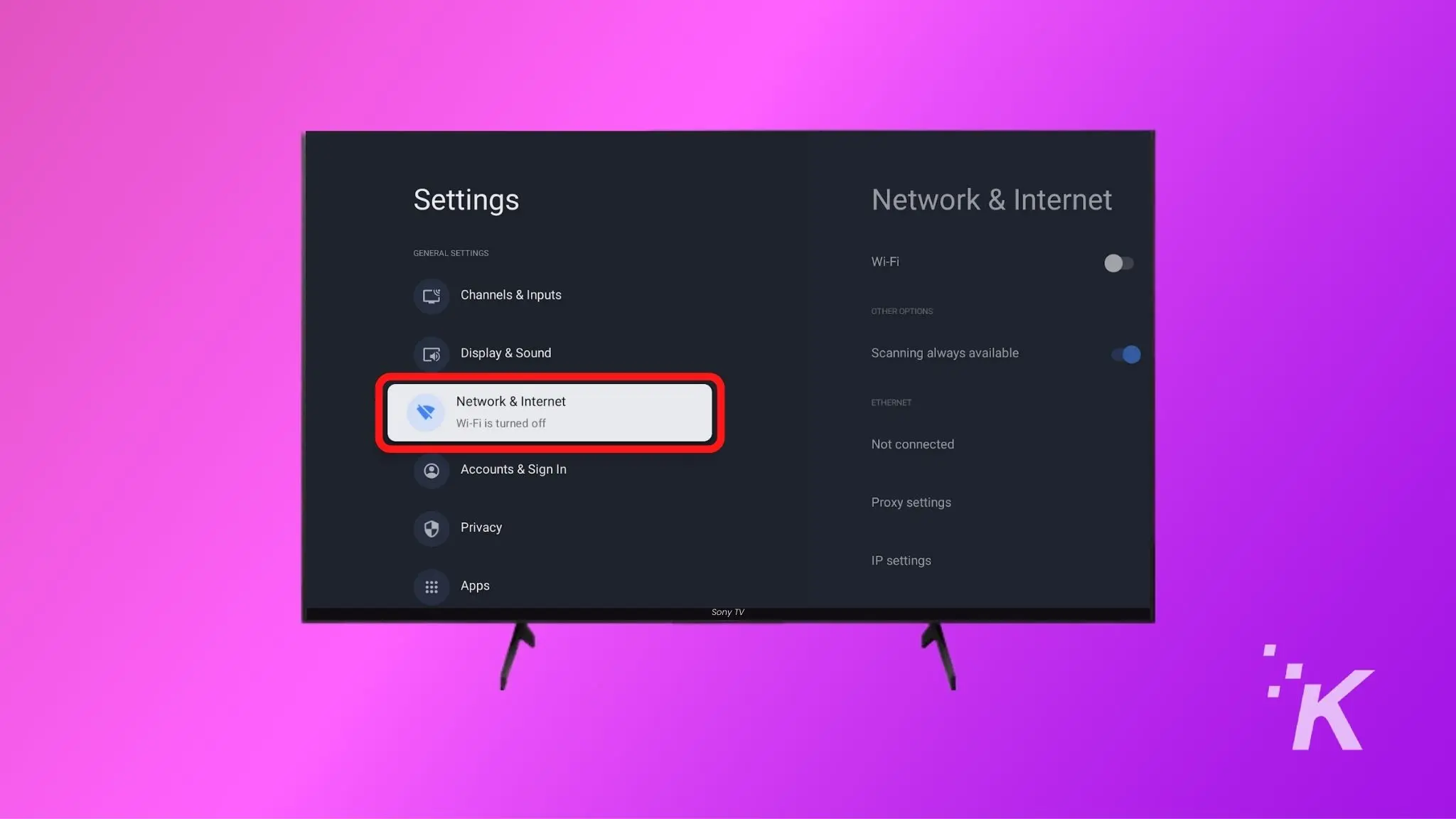 Select network & internet settings on sony tv