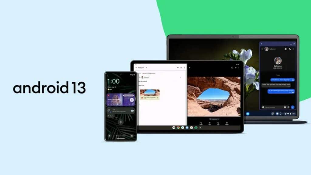 graphic showing android 13 operating system on multiple devices