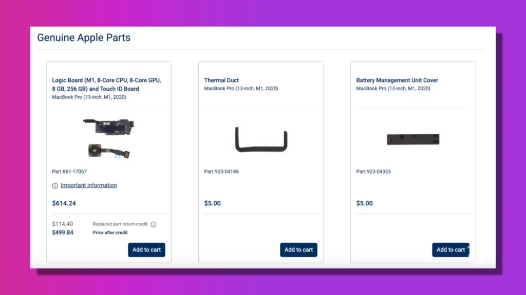 Prices for apple self repair for a m1 mac 2020