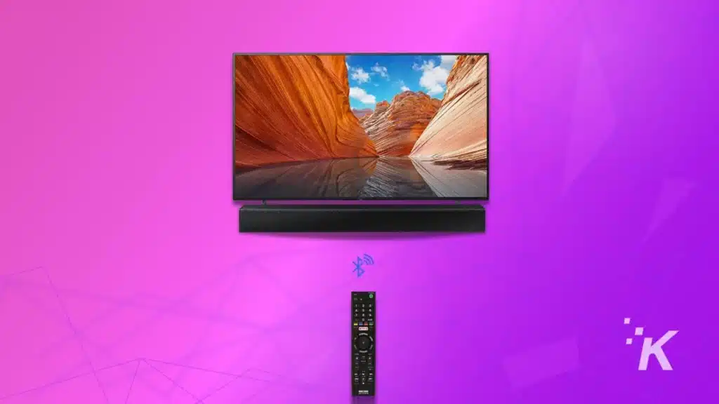 Bluetooth remote and sony tv on purple background