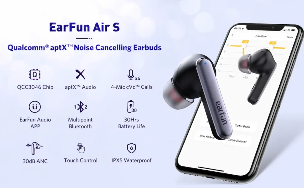 promo image showing all the ffeatures of earfun's air s earbuds