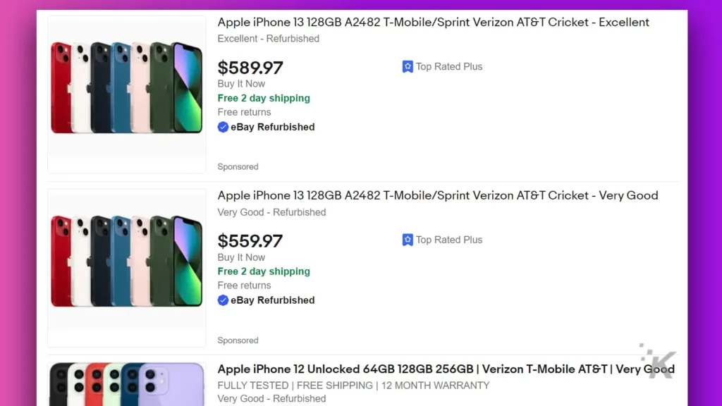 ebay listings showing refurbished iphones