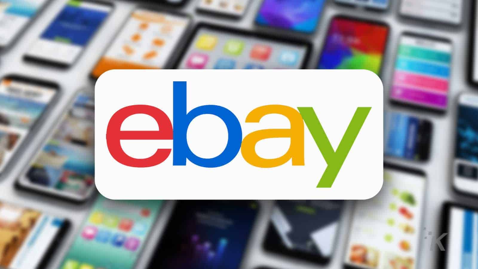 ebay logo on background of phones and tablets