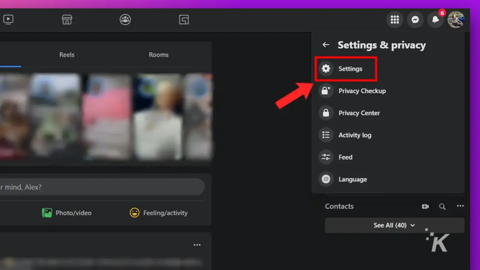 settings menu on social app