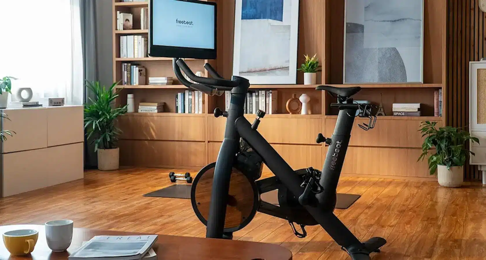 freebeat lit exercise bike in home office over hardwood floor