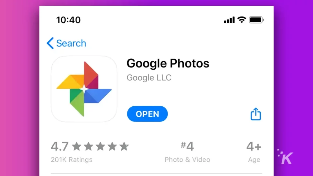 google photos app on purple background