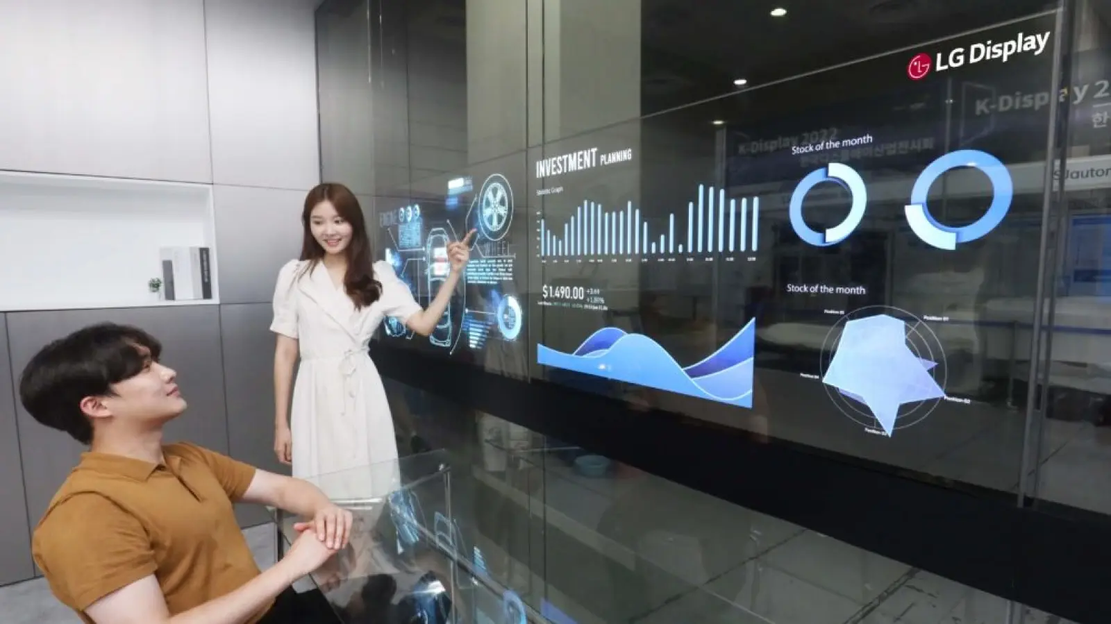 Lg transparent oled conference wall with a presentation displayed on it