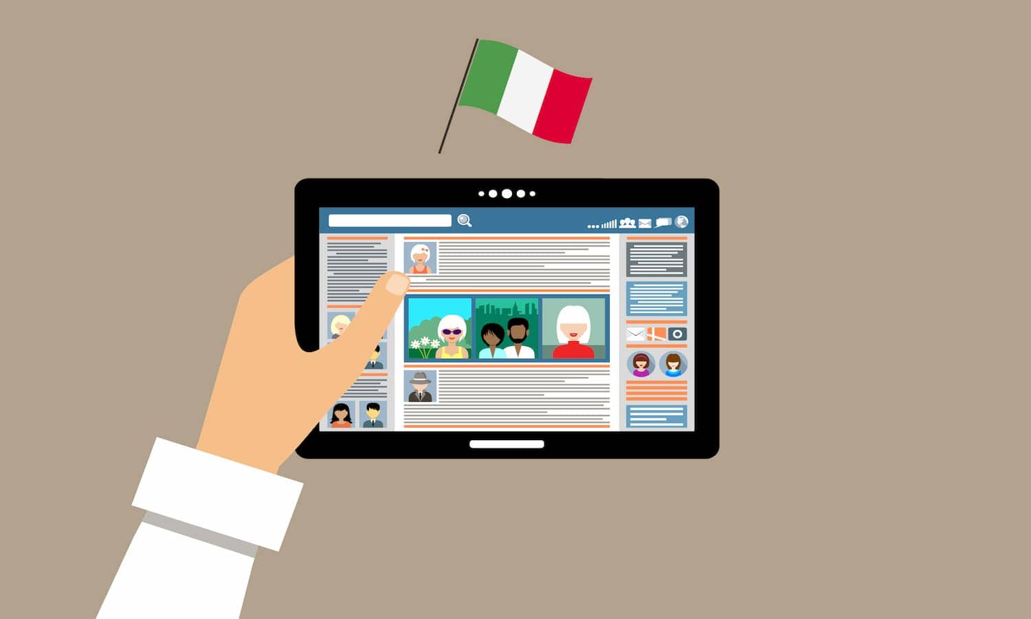 cartoon of a man holding a tablet with a flag from italy