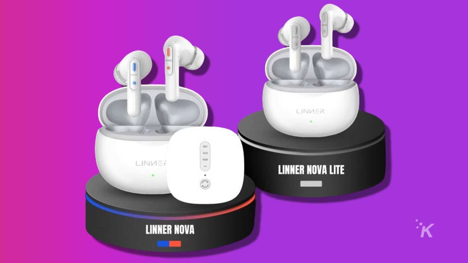 linner nova hearing aid earbuds on purple background